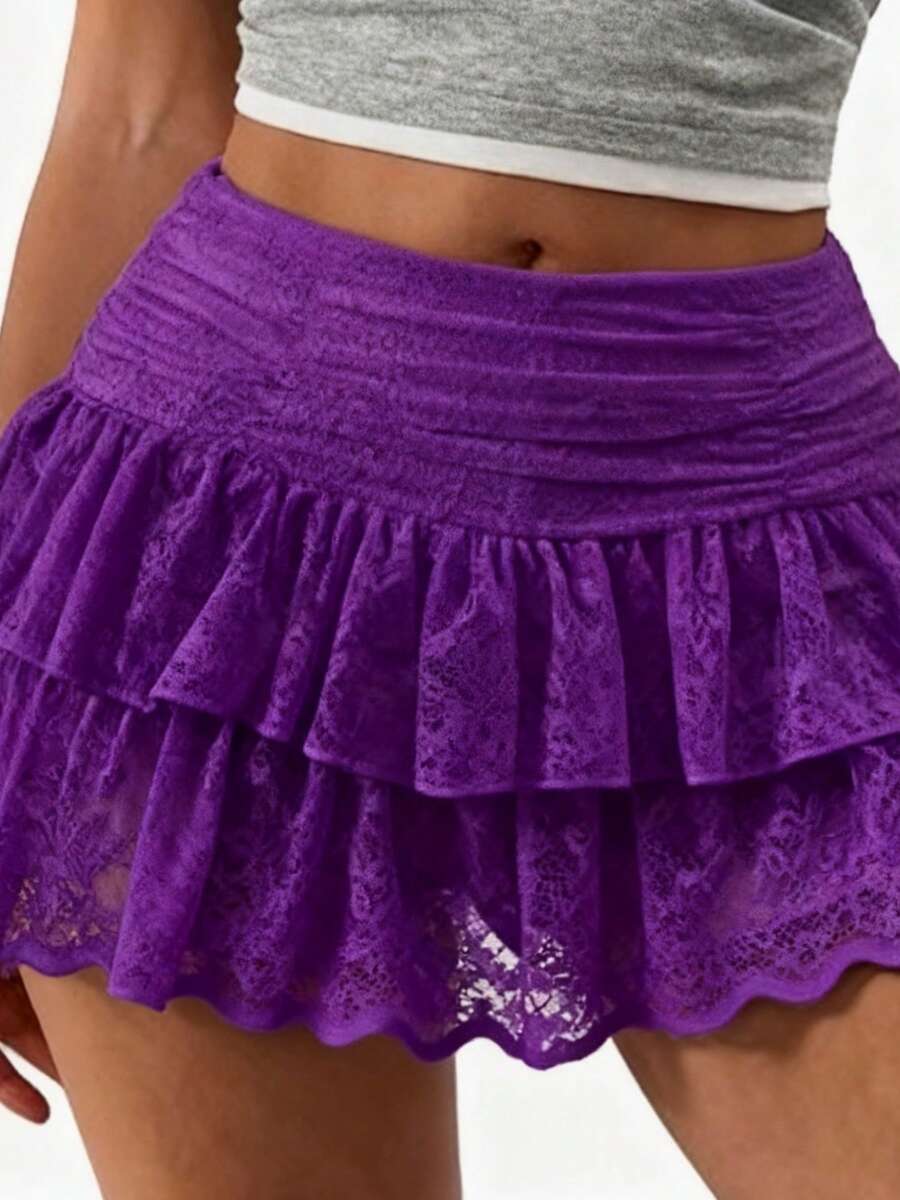 Women's Summer Lace Floral Skirt High Rise Tiered Ruffled Flowy Short Mini A Line Skirt Streetwear - 深紫色 - 查看 1
