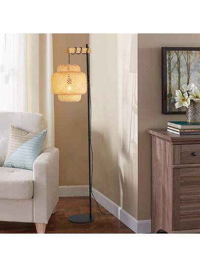 Alpinaluz "ANJA" Vloer Lamp Made Of Wood Wicker Bamboo Shade, Foot Switch, Moderne Living Room Or Kitchen view 3