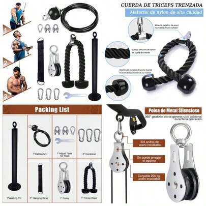 Fitness LAT y Sistema de Polea de Elevacin, Polea de para Gimnasio, Extensiones de Trceps Juego de 8 Piezas, Equipo para Entrenamiento de Fuerza Gimnasio en Casa