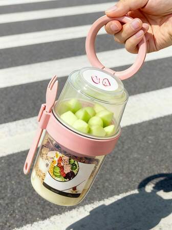 Set de 3 tazas para desayuno para llevar: 1 taza para ensalada con tenedor y cuchara, 1 taza para avena, apta para yogur, cereales, avena y aperitivos - excelente para camping, senderismo y actividades al aire libre, almacenamiento de alimentos, utensilios de cocina