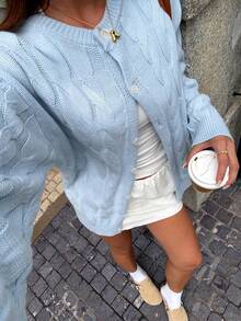 Neue Damen Langarm Rundhals Knopf Mesh Bluse, geeignet für Frühling, Herbst und Winter. Locker, süßer blauer romantischer Cardigan, blaue lässige einfarbige gerippte Vorderseite Knopf Lässig Homewear