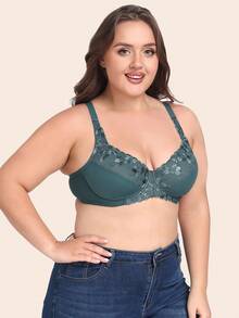 1pc Women's Bra With Steel Wires, Emerald Green, Ultra-Thin, Sexy, Semi-Sheer Lace Embroidery, Lift And Support For Large Bust, Suitable For Home, Office And Outdoor Wear