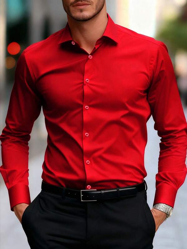 Camisa casual de manga larga con botones de unicolor para hombres, primavera/otoño