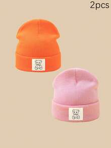 1/2/3pcs Unisex Line Bear Print Knit Beanie Hat, Soft Warm Casual Outdoor Fashion Headwear, Suitable For Daily Wear