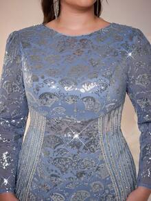 Plus Size Fall Winter Elegant Luxury Shiny Sequin Embroidered Fitted Mermaid Evening Dress, Long Sleeve Waist Cutout Striped Tulle For Party Festival - Blue - View 7