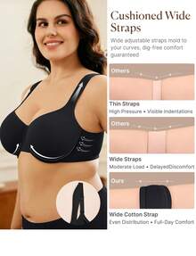 Brabic Women's Plus Size Full Coverage Minimizer Bra Supportive Underwire Seamless Unlined T-Shirt Bra For Heavy Breast Large Bust - màu đen - Xem 4