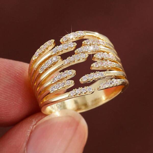 1 قطعة خاتم قابل للتعديل مصمم بشكل هندسي بسيط متقاطع مرصع بالزركونيا المكعبة للنساء