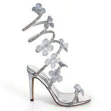 Glamorous Women's  Metallic Silver Flowers Open Toe Rhinestone Ankle Spiral Stiletto Holiday Party Heel Shoe - Silver - View 1