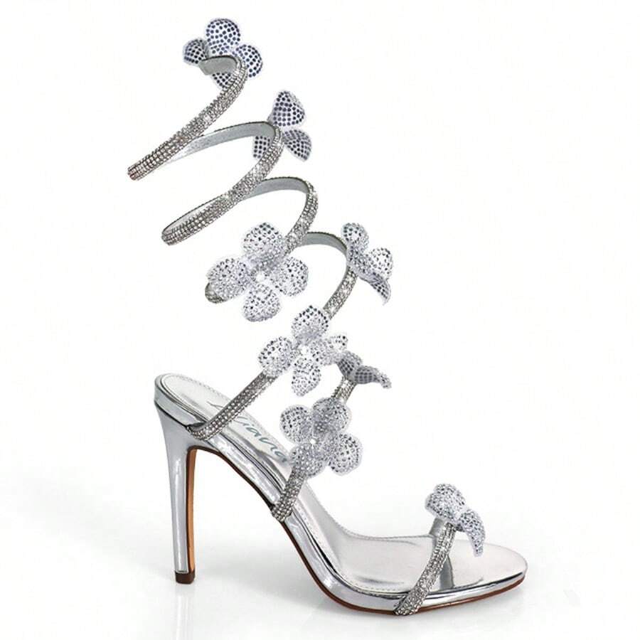 Glamorous Women's Metallic Silver Flowers Open Toe Rhinestone Ankle Spiral Stiletto Holiday Party Heel Shoe - Silver - View 1