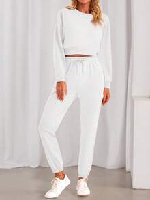 Women Fall 2 Piece Outfits Casual Long Sleeve Crop Top Drawstring Pant Jogger Suit Jumper Sportswear Sweatsuits Tracksuit Matching Set - 白色 - 查看 3