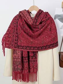 Boho 1 peça cachecol feminino vintage luxuoso com estampa paisley jacquard pashmina xale hijab, adequado para usar e carregar durante viagens frias de manhã e à noite no outono e inverno - vermelho escuro - Ver 3