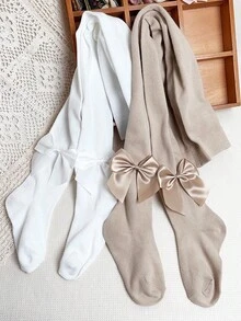 2pcs Girls' Basic Tights With Bow Decor, All Seasons - Multicolor - View 5