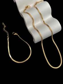 1pc Stainless Steel Bracelet & 1pc Stainless Steel Chain Necklace Set, Minimalist & Elegant Vacation Jewelry - Yellow Gold - View 7