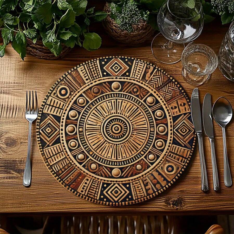 4Pcs Set, African Mud Cloth Round Placemats - Wear-Resistant, Good Wrinkle Resistance, Strong Heat Resistance, Exquisite Printing, Table Mats With Earthy Tones And Traditional Geometric Patterns, Perfect For Kitchen, Dining Room, And Party Decor, Textured Tableware - 01 - View 1