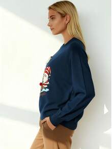 Damen Weihnachtspullover mit niedlichem 3D Zwerg Muster, weicher Strick Langarm Pullover - Navy Blau - marineblau - Übersicht 2