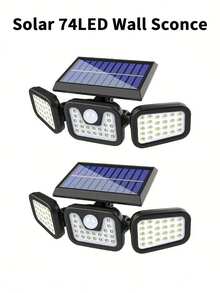 Lampu Luar Ruangan Bertenaga Surya 74 LED, Lampu Dinding Sensor Gerak 3 Kepala, Pencahayaan Sudut Lebar 270°, 3 Mode, Cocok Untuk Taman, Halaman, Jalan, Garasi, Teras, Beranda, Lampu Dinding Bertenaga Surya 74 LED - Putih - View 3