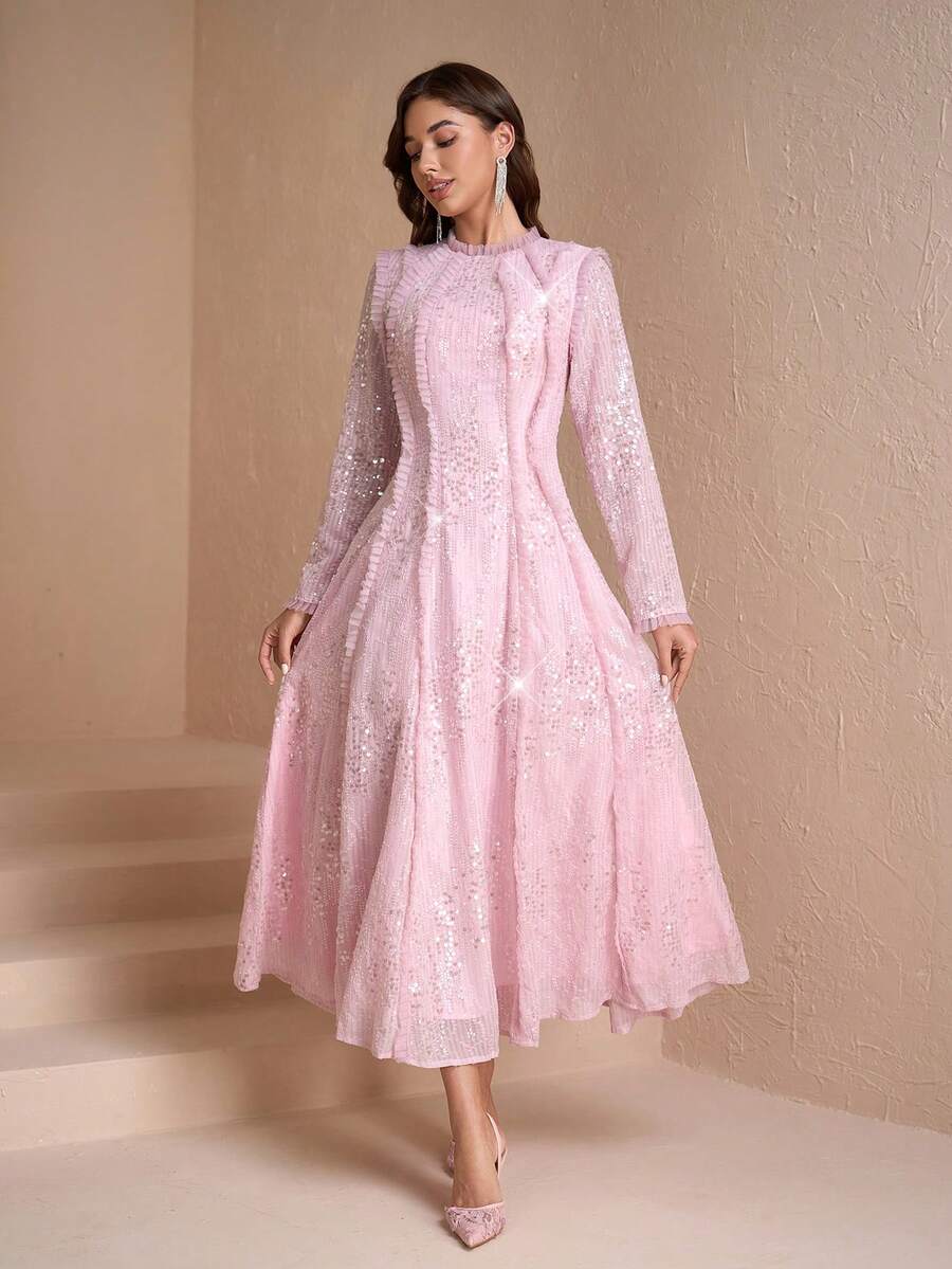 French Vintage Luxurious Sequins Embroidered Mesh Ruffle Trim Fitted Stylish Young Women Dress