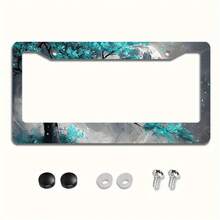 Room Decor 1pc Cherry Blossom Tree Metal License Plate Frame, 6.3x12.2inch, Cyan Colored, Durable Car Front And Rear Plate Cover With Easy Installation Accessories - 6.3x12.2吋(16x31公分) - 查看 1