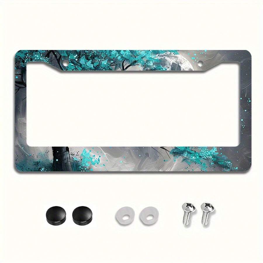 Room Decor 1pc Cherry Blossom Tree Metal License Plate Frame, 6.3x12.2inch, Cyan Colored, Durable Car Front And Rear Plate Cover With Easy Installation Accessories - 6.3x12.2吋(16x31公分) - 查看 1