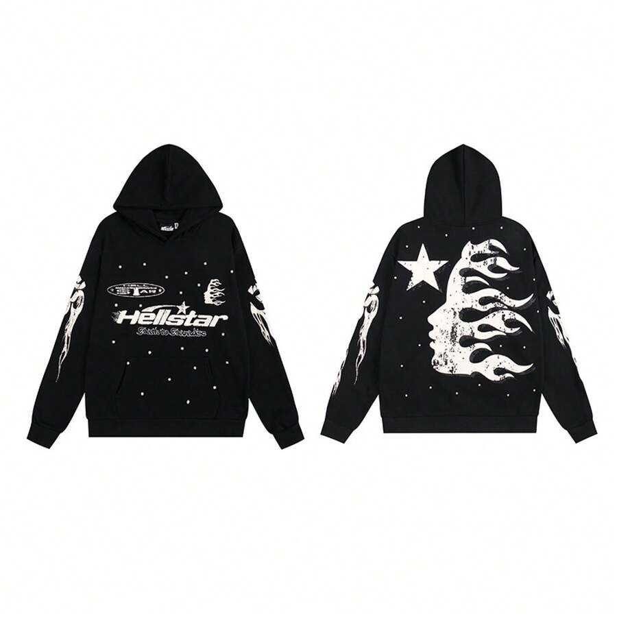 Hoodie, Retro Letter Print Hoodie, Men's Streetwear Long-Sleeve Hooded Sweatshirt, Couple Matching Outfit Sweatshirts - H517 đen - Xem 1