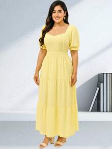 Women's Viscolinho Dress With Floral Print And Elastane, Long And Elegant - Màu vàng - Xem 3