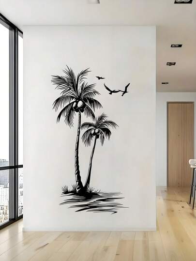 1 pieza Pegatina de pared con árbol de coco tropical, gaviota y pájaro para decoración del hogar en baño, sala de estar, dormitorio, habitación infantil, puerta, fondo de TV y sofá