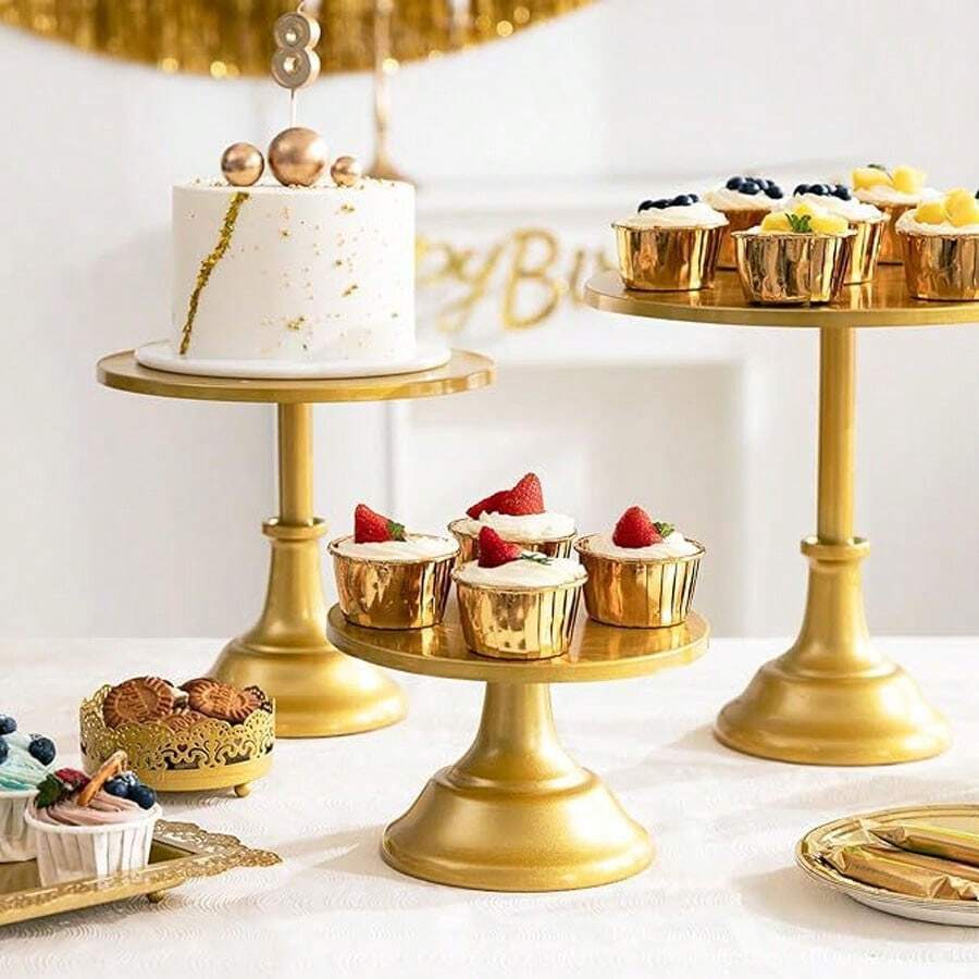 Wedding Essentials,3pcs Cake Stand, Golden Cake Stand Set Disc Diameter 8" 10" 12", Perfect Dessert Table Display Set, Cupcake Cake Stands For Party, Wedding, Birthday, Baby Shower, Anniversary - 金色 - 查看 1