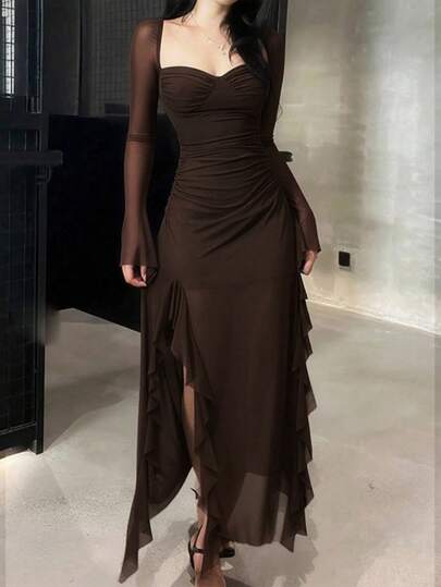 Women's Elegant Casual Ruffle Trim Long Sleeve Mesh Dress, Suitable For Fall, Concerts, Christmas, Going Out, Wedding Guests, Clubs, And Fairy-Inspired Looks