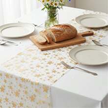 1 pezzo Runner da tavolo in poliestere da 28*275cm con motivo a stelle dorate su tutta la superficie, adatto per raduni familiari, ricevimenti di matrimonio, vari tipi di feste a tema, decorazione tavoli di ristoranti e matrimoni