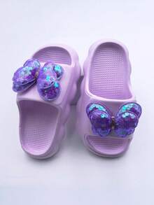 Pantuflas casuales de niña con lazo de lentejuelas, pantuflas de moda con suela suave y cómoda, aptas para uso interior y exterior