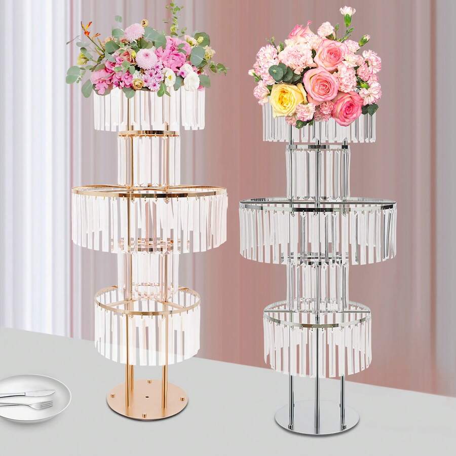 Crystal Vases For Centerpieces, 47.2in Metal Pedestal Stands For Table Chandelier Centerpiece Wedding, 5 Tier Round Flower Stand For Wedding Reception Birthday Party Events Home Decor - 銀色 - 查看 1