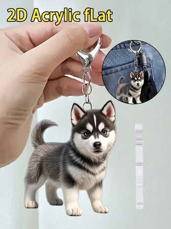 2D Plano - Lindo llavero acrílico de Husky - Lindo llavero con diseño de dibujos animados, con cierre de langosta, perfecto para llaves de coche, mochilas y bolsas, colgante de bolso, colgante de coche, decoración de bolso | Diseño juguetón | Construcción acrílica, accesorios para carteras y teléfonos móviles de mujer, para regalar a amigos, familiares, novias, accesorios para exteriores, accesorios para fiestas, regalos, recuerdos, regalo perfecto de bienvenida