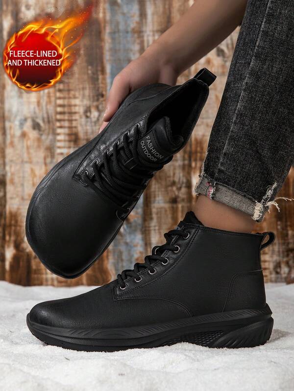 Plus Size Men's Solid Color Thick Sole Lace-Up Outdoor Sport Boots, Fashion Versatile Casual Shoes With Warm Lining
