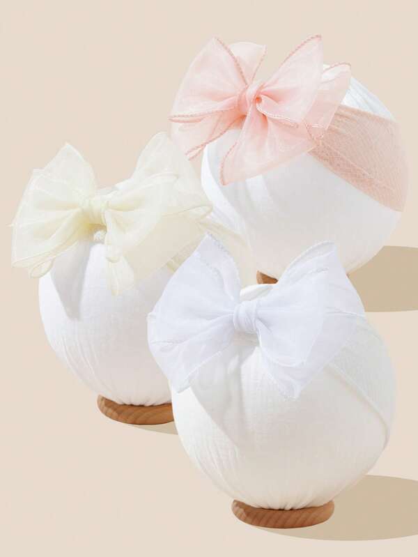 3pcs Soft & Cute Organza Bow Jacquard Elastic Headbands For Baby Girls, Newborn Photography Props, Suitable For Holiday Parties