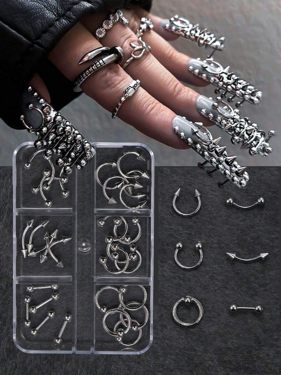 6 Grids Nose Nail Rivets Metal Tip Cone Punk Style Y2K Charms Set Metal Alloy Black Mixed Arrow Nail Jewelry Decorration 3D Nail Art Supplies For Nail Lovers 30pcs/Box
