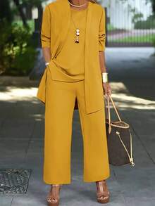 Conjunto informal de 3 piezas para mujer: chaqueta de cárdigan simple, top de tirantes cuello redondo y pantalones de cintura elástica con corte holgado, apto para primavera, otoño e invierno en la oficina o para el día a día