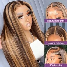 Peluca frontal de encaje de 13*4 con densidad de 200, cabello mezclado de color natural, peluca frontal de encaje HD sin pegamento con cabello bebé pre-arrancado, color ombre marrón 4/27, recta, para uso diario y ocasiones especiales