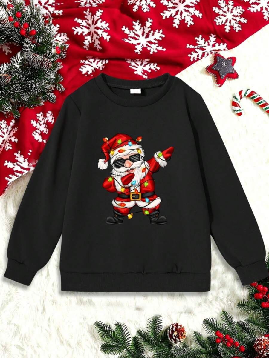 Hombre004 Sudadera de cuello redondo para Hombre invierno sudadera de manga larga cómoda suave Polo negro con grafica de San Nicolás de Navidad de moda, divertido y único para tus fiestas navideñas - Negro - Ver 1