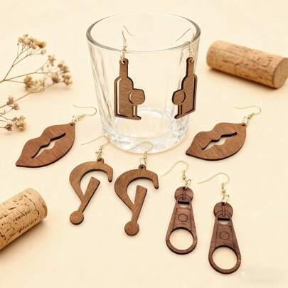 4 Pairs Unique Artistic Dangling Earrings Set, Featuring Lip, Wine Bottle, Wine Glass, Exclamation Mark, Bottle Opener And Other Distinctive Designs With Retro And Artistic Flair, Suitable For Streetwear, Holiday Parties, Gifts, Year-Round Wear