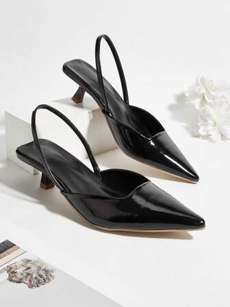 Women's Solid Color Leather Kitten Heel Shoes, Elegant Pointed Toe High Heels, Fashionable Ankle Strap High Heels, Formal Dress Shoes For Banquet And Wedding