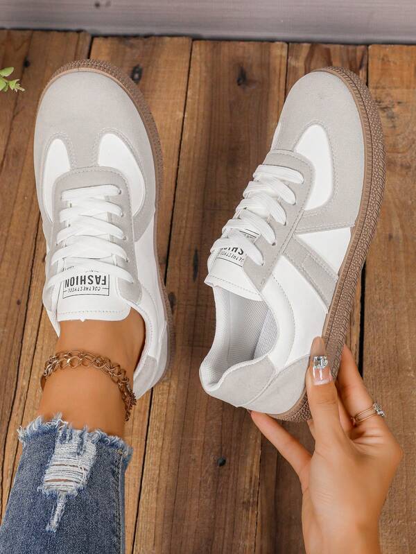 Spring/Autumn New Fashion Grey & White Flat Versatile Round Toe Lace-Up Casual Sneakers For Women, Preppy Style