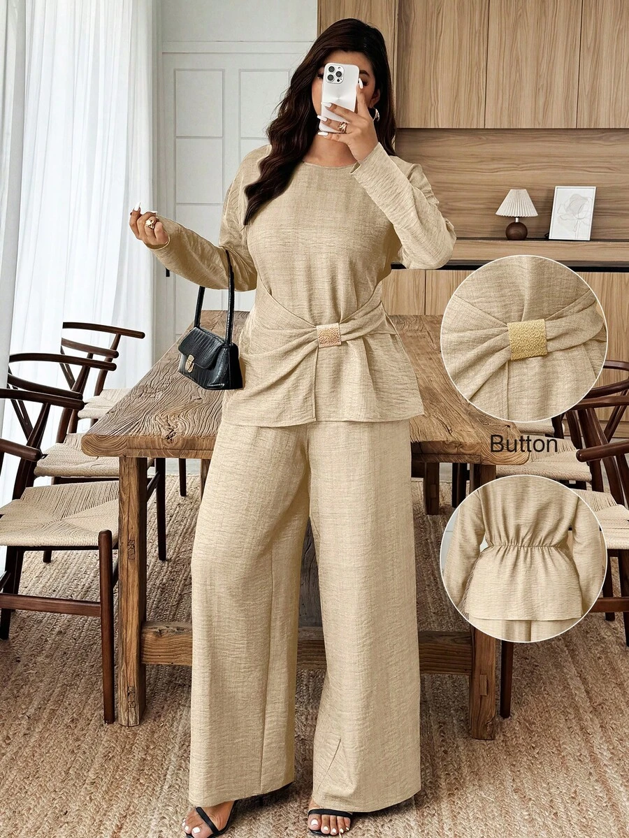 Bộ đồ 2 mảnh cỡ lớn mùa xuân & hè, có dây thắt eo, trang trí khóa kim loại, màu trơn, trang nhã, thanh lịch, phù hợp cho đám cưới, phong cách tối giản thành thị, tiệc tùng, đi biển, kỳ nghỉ, bộ đồ nữ màu kaki. - Màu Khaki - Xem 1