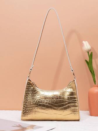 Casual Vacation Gold Crocodile Pattern Gift Shoulder Bag, Cheap Storage Cosmetic Bag & Phone Pouch