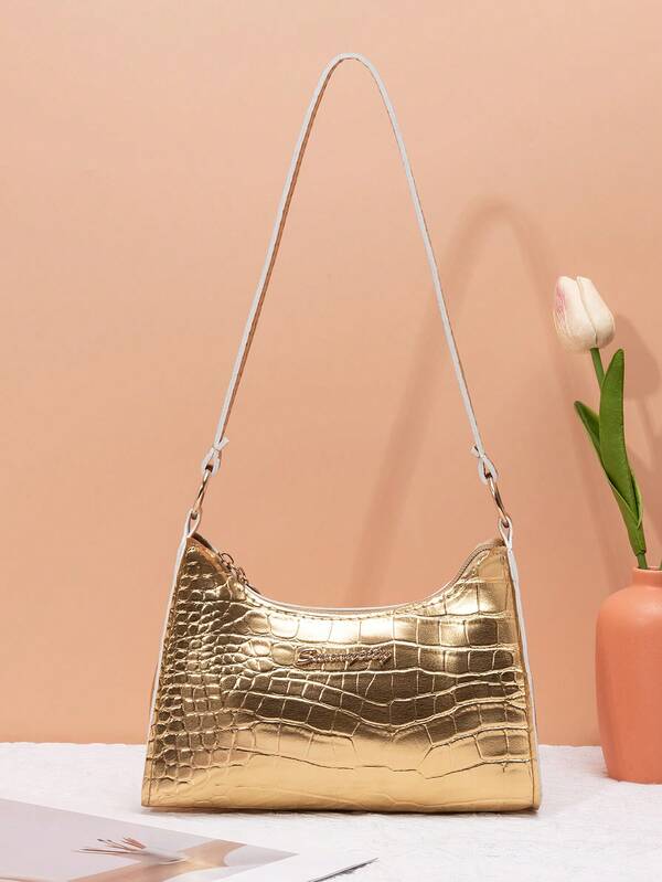 Bolsa de ombro casual com estampa de crocodilo dourada para férias, bolsa de cosméticos barata para armazenamento e bolsa para celular