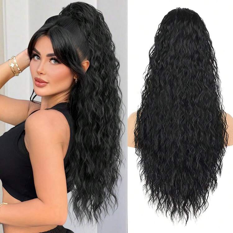 26英寸长卷曲波浪马尾假发，弹力马尾，夹式马尾假发，蓬松自然，适合日常佩戴 - 黑色 - 查看 10