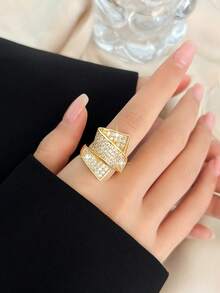 1pc Fashionable Multi-Layer Spiral Cubic Zirconia Ring, Personalized Asymmetric Accessory, Suitable For Women's Daily Wear, Engagement/Wedding Occasions - Yellow Gold - View 6