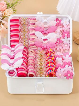 161pcs Cute Pink Themed Girls Hair Accessories Set, Including 3D Gradient Gilded Butterfly Hair Clips, Pearl Flower Hair Scrunchies, Solid Color Rabbit Ear Hair Scrunchies, High Elasticity Ruffle Hair Ties, Bamboo Knot Hair Ties, Suitable For Daily Wear And Parties