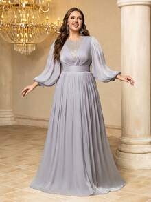 UNITHORSE Plus Size Women Round Neck Lantern Sleeve Rayon Handmade Beaded Embellished Fitted Maxi Evening Dress Wedding Spring Party - Mauve Purple - View 5