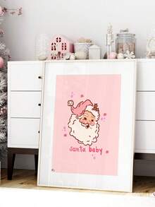 1 Stück ungerahmter, handgezeichneter girly Weihnachtsdruck in preppy pastellrosa Urlaubsdekoration, vintage retro Weihnachtsmann druckbare - digitale Weihnachtskarte