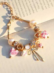 1pc Vintage Ceramic Charm Bracelet, Imitation Blue And White Porcelain Heart Flower Bracelet, Star Bracelet, Ceramic Heart Bow Bracelet